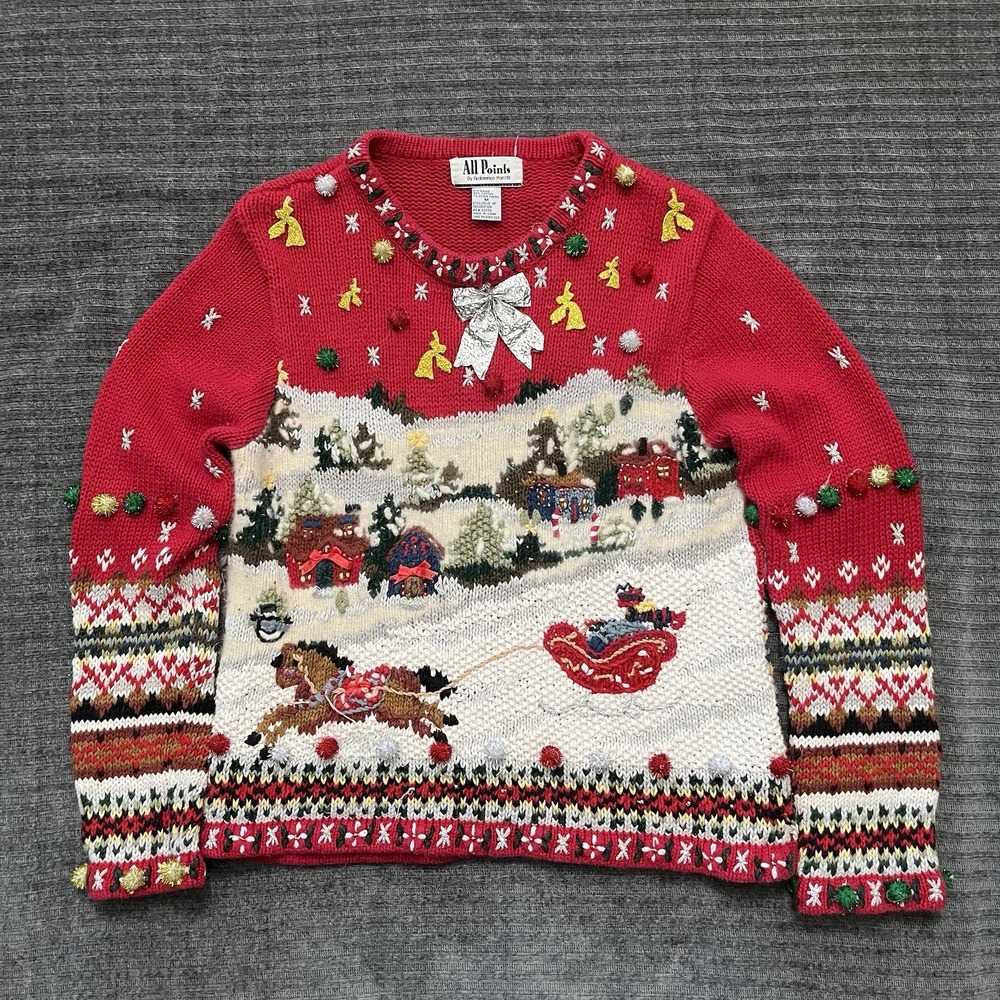 Vintage 90s Women's Ugly Christmas Sweater Horse w/Sleigh Snow Scene Bows Medium